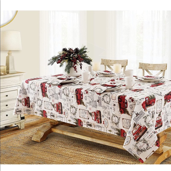 Red Retro Farm Truck Country Christmas Tree Fabric Tablecloth 52 X 70 - Picture 1 of 3